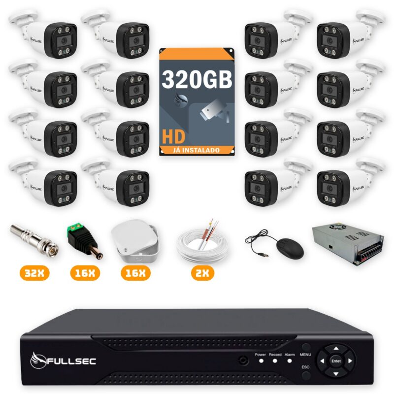 110 Kit 16 Câmeras de Segurança HD 720p + DVR 16 Canais + HD 320GB + Cabo 200m + Caixinhas Fullsec