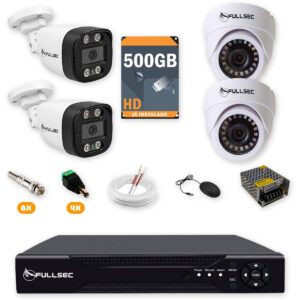 Kit 4 Câmeras de Segurança 2 Bullet + 2 Dome HD 720p + DVR 4 Canais + HD 500GB + Cabo 100m Fullsec