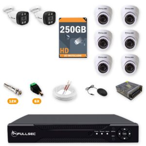 Kit 8 Câmeras de Segurança 2 Bullet + 6 Dome HD 720p + DVR 8 Canais + HD 250GB + Cabo 100m Fullsec
