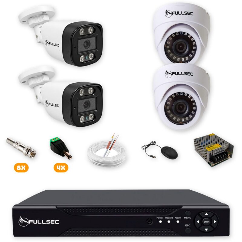 Kit 4 Câmeras de Segurança 2 Bullet + 2 Dome HD 720p + DVR 4 Canais sem HD + Cabo 100m Fullsec