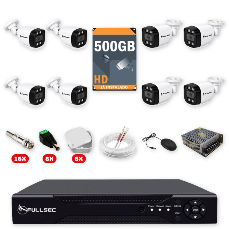 Kit 8 Câmeras de Segurança Full Color 1080p + DVR 8 Canais + HD 500GB + Cabo 100m + Caixinhas Fullsec