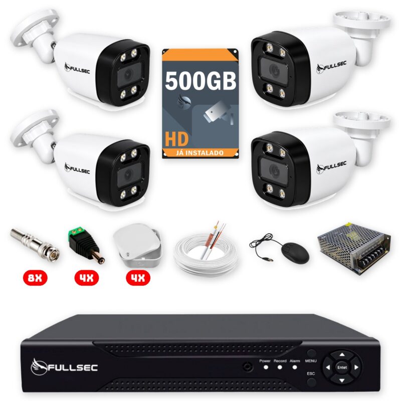 Kit 4 Câmeras de Segurança Full Color 1080p + DVR 4 Canais + HD 500GB + Cabo 100m + Caixinhas Fullsec