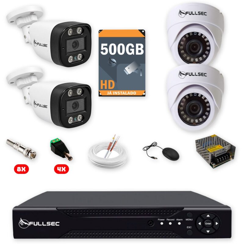 Kit 4 Câmeras de Segurança 2 Bullet + 2 Dome Full HD 1080p + DVR 4 Canais + HD 500GB + Cabo 100m Fullsec