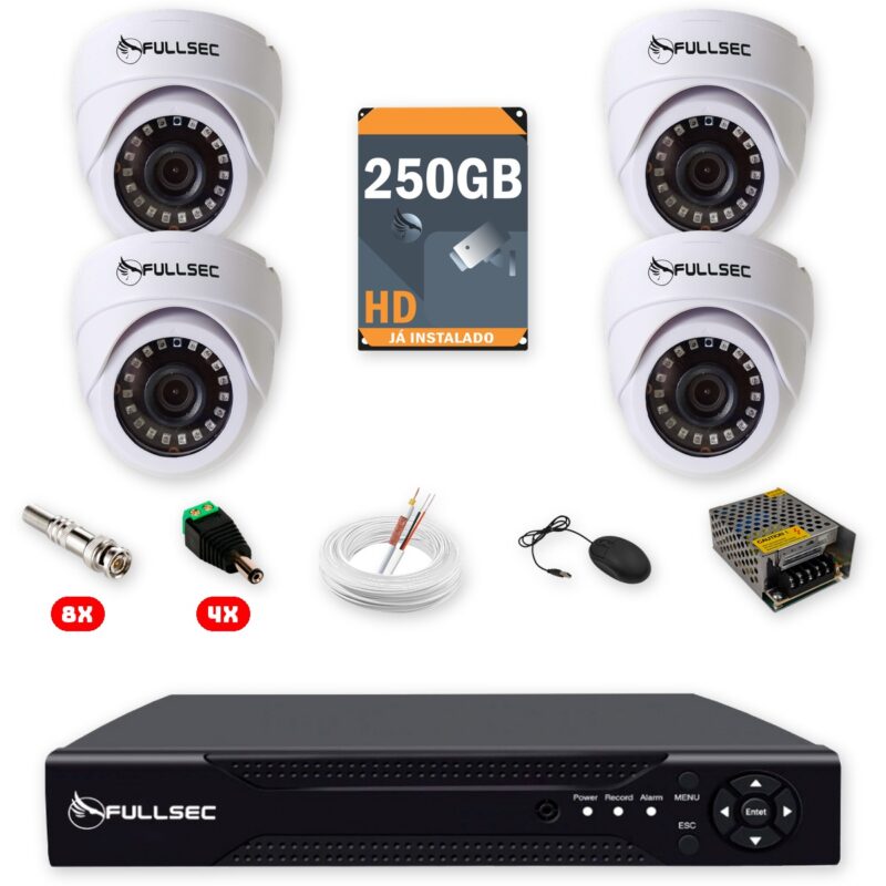 286 Kit 4 Câmeras de Segurança Dome Full HD 1080p + DVR 4 Canais + HD 250GB + Cabo 100m Fullsec