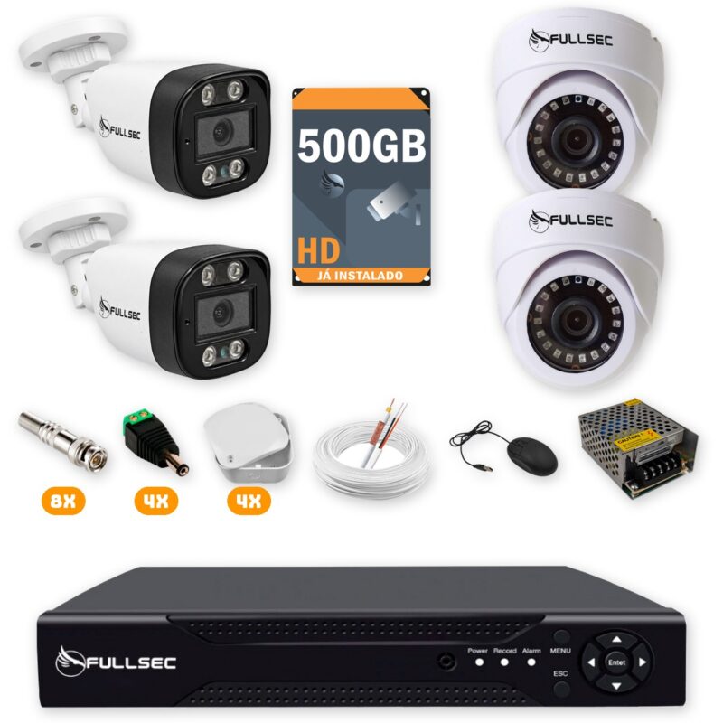 Kit 4 Câmeras de Segurança 2 Bullet + 2 Dome HD 720p + DVR 4 Canais + HD 500GB + Cabo 50m + Caixinhas Fullsec