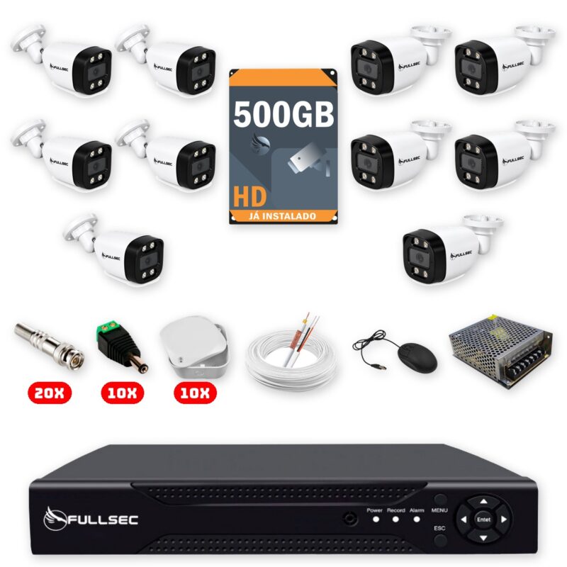 Kit 10 Câmeras de Segurança Full Color 1080p + DVR 16 Canais + HD 500GB + Cabo 100m + Caixinhas Fullsec