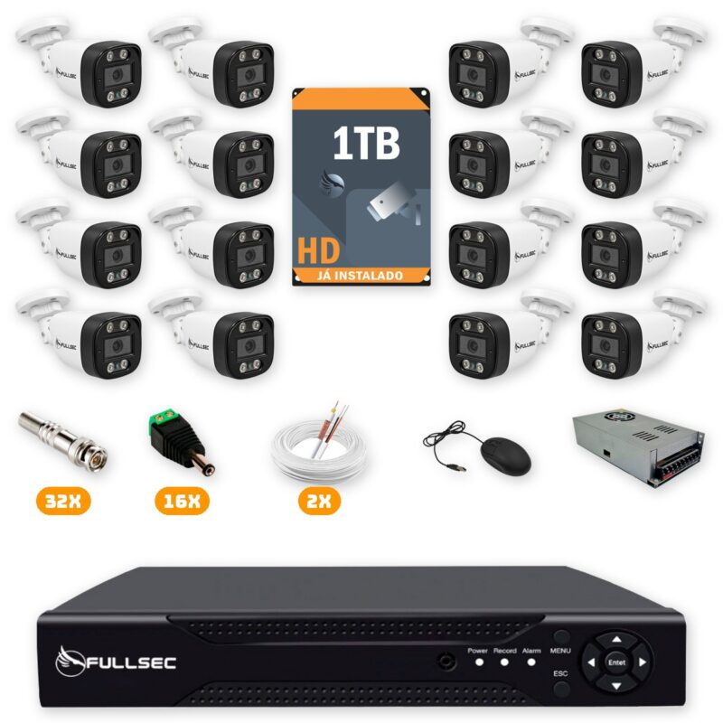 325 Kit 16 Câmeras de Segurança HD 720p + DVR 16 Canais + HD 1TB + Cabo 200m Fullsec
