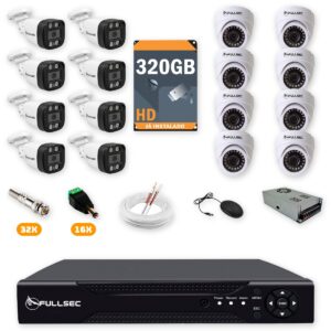Kit 16 Câmeras de Segurança 8 Bullet + 8 Dome HD 720p + DVR 16 Canais + HD 320GB + Cabo 100m Fullsec