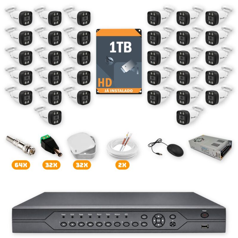 361 Kit 32 Câmeras de Segurança HD 720p + DVR 32 Canais + HD 1TB + Cabo 200m + Caixinhas Fullsec