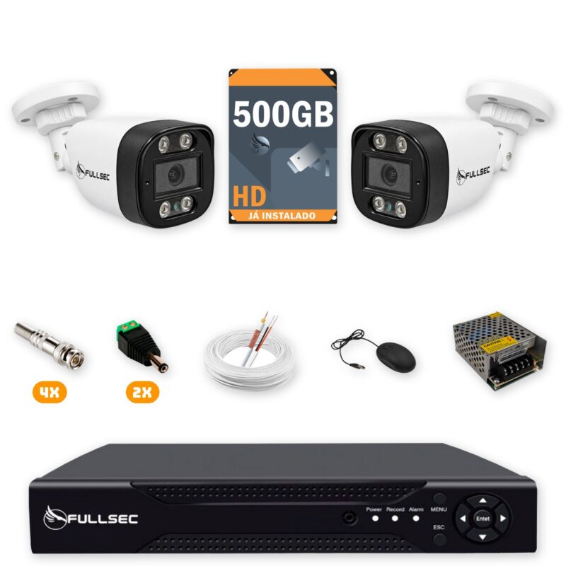 Kit 2 Câmeras de Segurança HD 720p + DVR 4 Canais + HD 500GB + Cabo 100m Fullsec