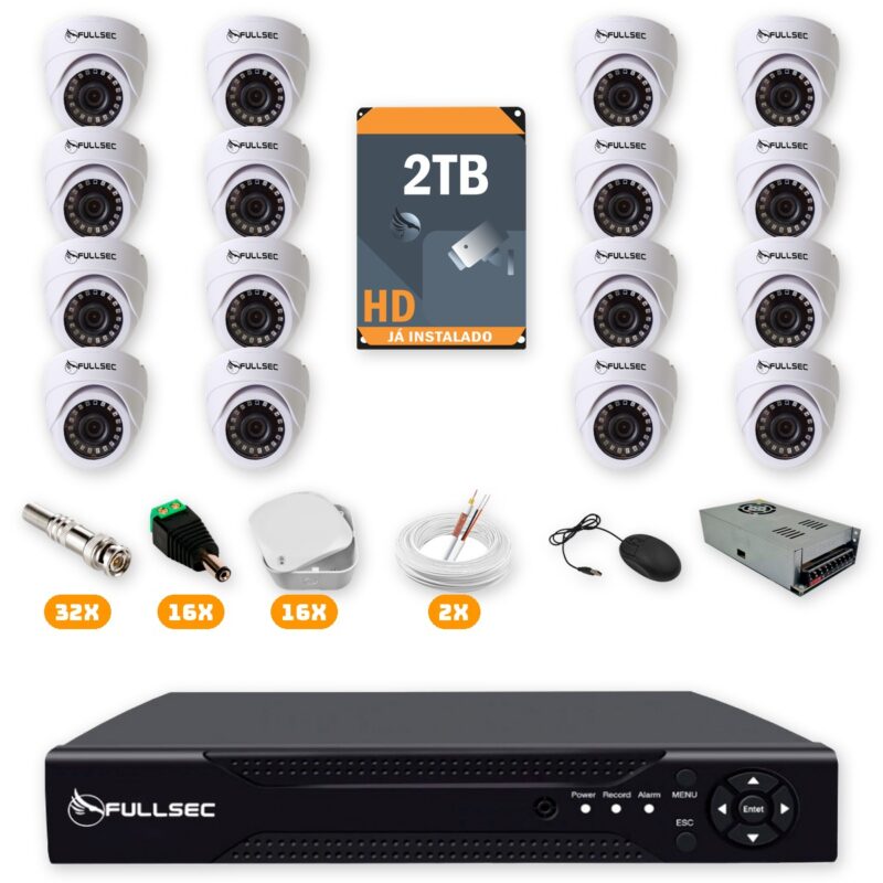 391 Kit 16 Câmeras de Segurança Dome HD 720p + DVR 16 Canais + HD 2TB + Cabo 200m + Caixinhas Fullsec