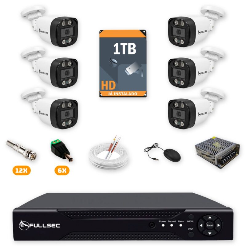 Kit 6 Câmeras de Segurança HD 720p + DVR 8 Canais + HD 1TB + Cabo 100m Fullsec