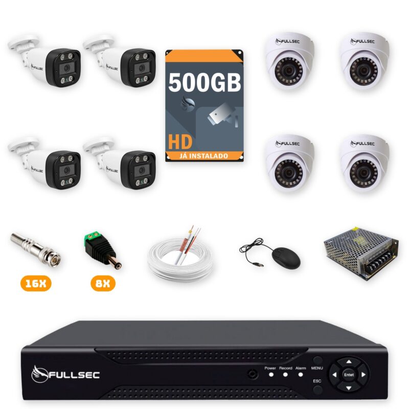 Kit 8 Câmeras de Segurança 4 Bullet + 4 Dome HD 720p + DVR 8 Canais + HD 500GB + Cabo 100m Fullsec