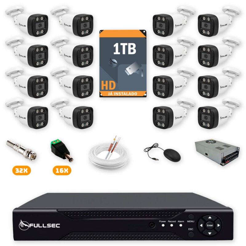Kit 16 Câmeras de Segurança HD 720p + DVR 16 Canais + HD 1TB + Cabo 100m Fullsec