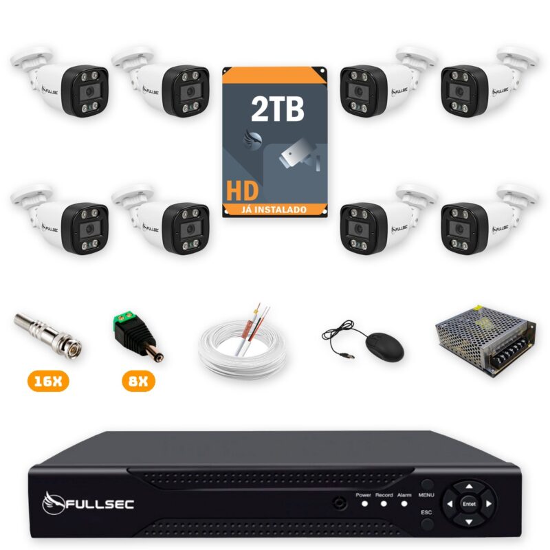 Kit 8 Câmeras de Segurança HD 720p + DVR 8 Canais + HD 2TB + Cabo 100m Fullsec