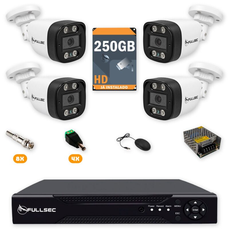Kit 4 Câmeras de Segurança HD 720p + DVR 4 Canais + HD 250GB Fullsec