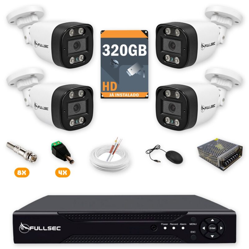 Kit 4 Câmeras de Segurança HD 720p + DVR 8 Canais + HD 320GB + Cabo 100m Fullsec