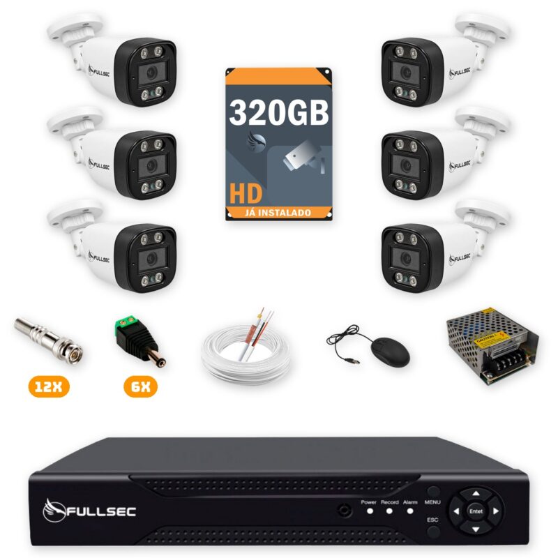 Kit 6 Câmeras de Segurança HD 720p + DVR 8 Canais + HD 320GB + Cabo 100m Fullsec
