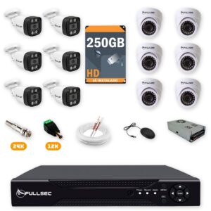 Kit 12 Câmeras de Segurança 6 Bullet + 6 Dome HD 720p + DVR 16 Canais + HD 250GB + Cabo 100m Fullsec