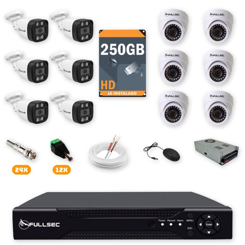 Kit 12 Câmeras de Segurança 6 Bullet + 6 Dome HD 720p + DVR 16 Canais + HD 250GB + Cabo 100m Fullsec