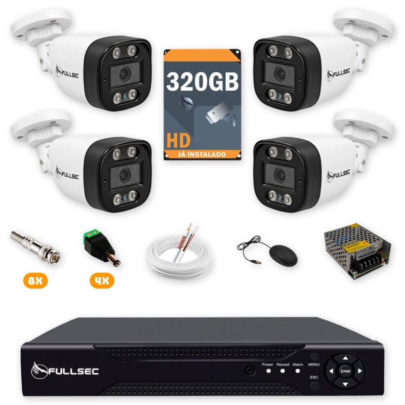 Kit 4 Câmeras de Segurança HD 720p + DVR 4 Canais + HD 320GB + Cabo 100m Fullsec