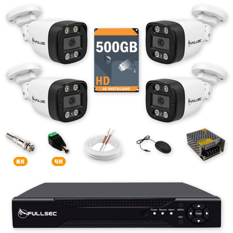 87 Kit 4 Câmeras de Segurança HD 720p + DVR 4 Canais + HD 500GB + Cabo 100m Fullsec