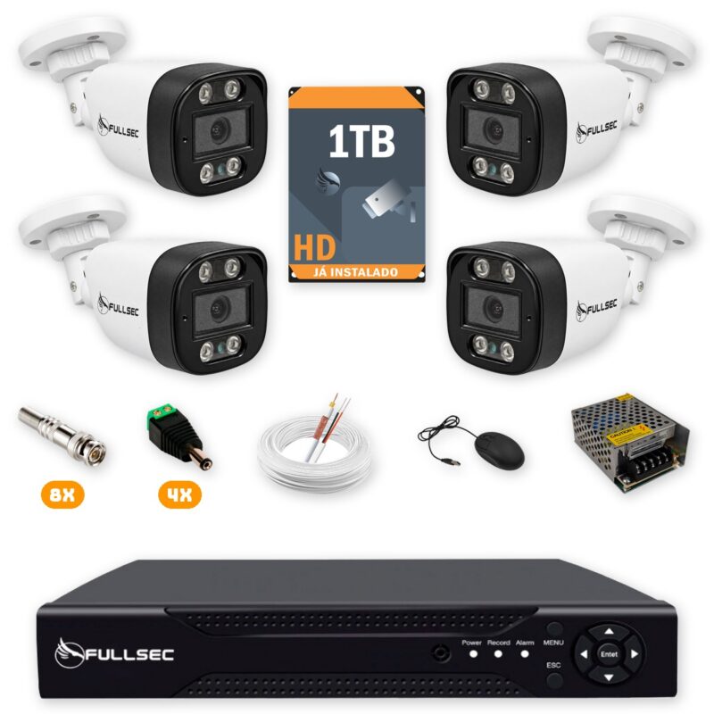 Kit 4 Câmeras de Segurança HD 720p + DVR 4 Canais + HD 1TB + Cabo 100m Fullsec