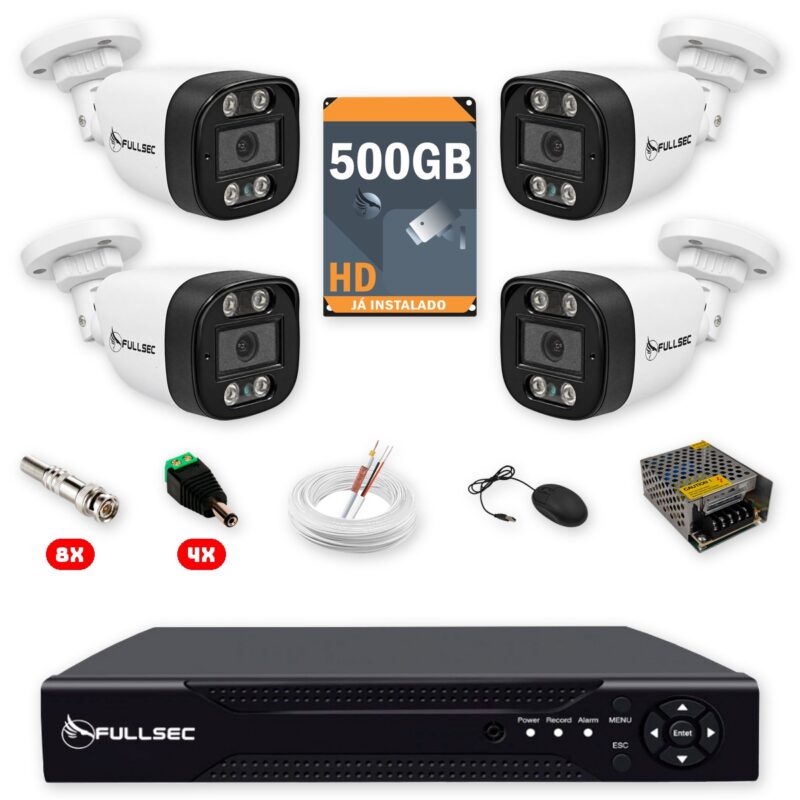 89 Kit 4 Câmeras de Segurança Full HD 1080p + DVR 4 Canais + HD 500GB + Cabo 100m Fullsec