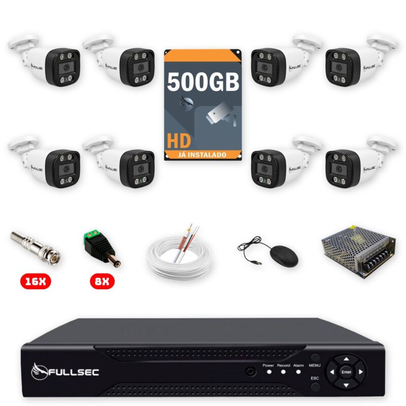 91 Kit 8 Câmeras de Segurança Full HD 1080p + DVR 8 Canais + HD 500GB + Cabo 100m Fullsec