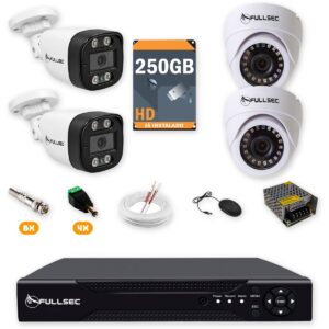 Kit 4 Câmeras de Segurança 2 Bullet + 2 Dome HD 720p + DVR 4 Canais + HD 250GB + Cabo 100m Fullsec