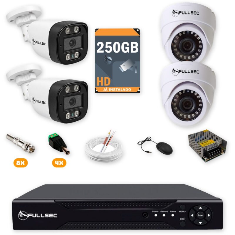 Kit 4 Câmeras de Segurança 2 Bullet + 2 Dome HD 720p + DVR 4 Canais + HD 250GB + Cabo 100m Fullsec