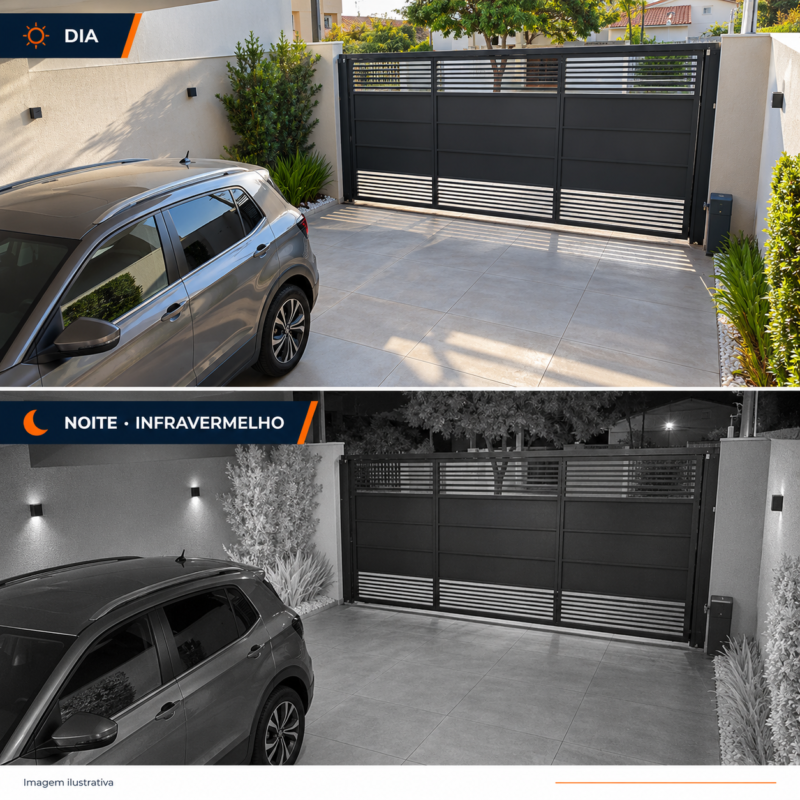 Comparação ilustrativa de garagem de dia e à noite com infravermelho em preto e branco